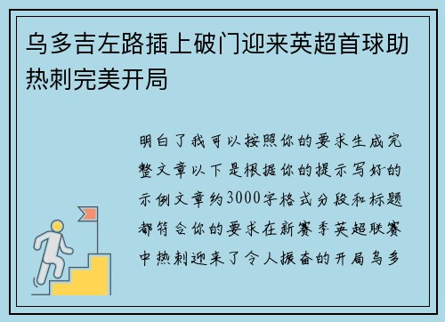 乌多吉左路插上破门迎来英超首球助热刺完美开局 乌多吉左路插上破门迎来英超首球助热刺完美开局